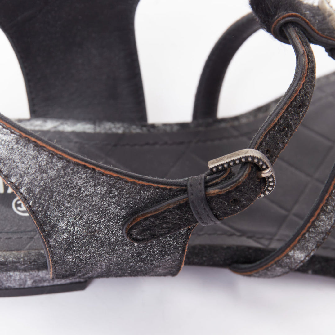 CHANEL black pony hair metallic leather CC charm T-strap thong flat sandals EU36