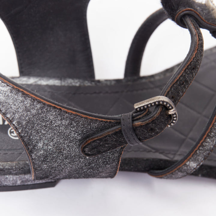 CHANEL black pony hair metallic leather CC charm T-strap thong flat sandals EU36