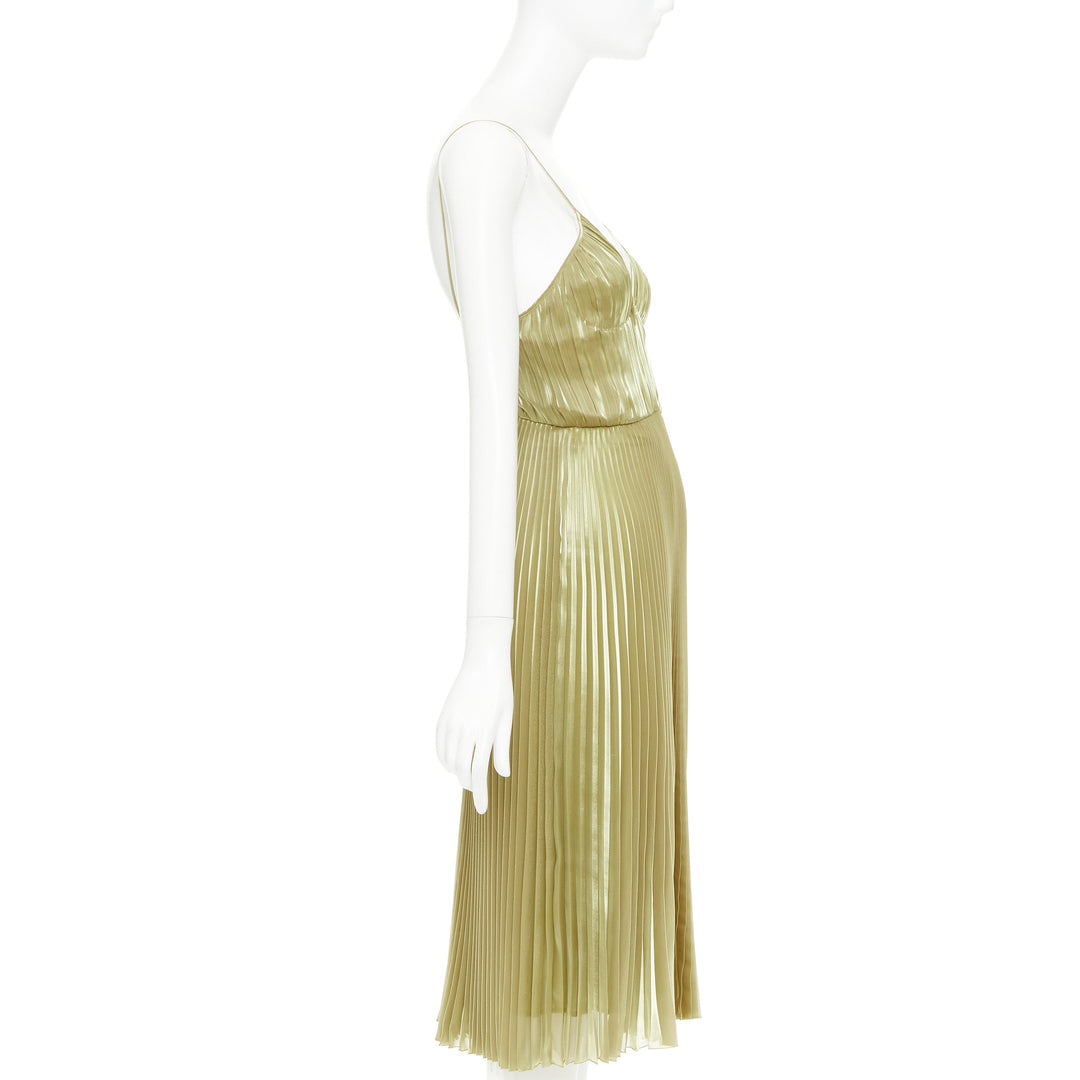 PRADA 2022 gold technical voile bra-detailed pleated silk midi dress IT38 XS
