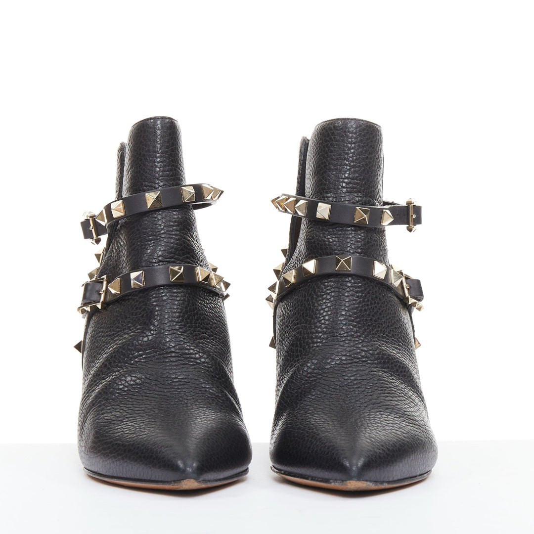 VALENTINO black textured calfskin gold buckle studded short ankle boots EU37