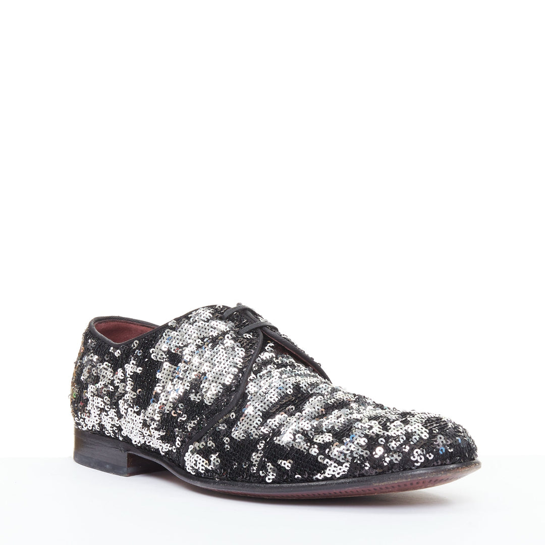 DOLCE GABBANA silver black speckled pailette sequin derby loafer shoes UK9 EU43