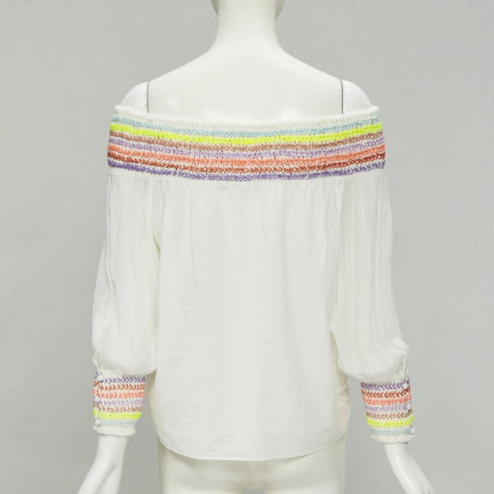 ALICE OLIVIA white cotton neon braid embroidery off shoulder top S