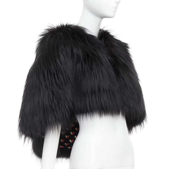 LOUIS VUITTON black fox fur leather belt heart lined cape shawl FR34 XS