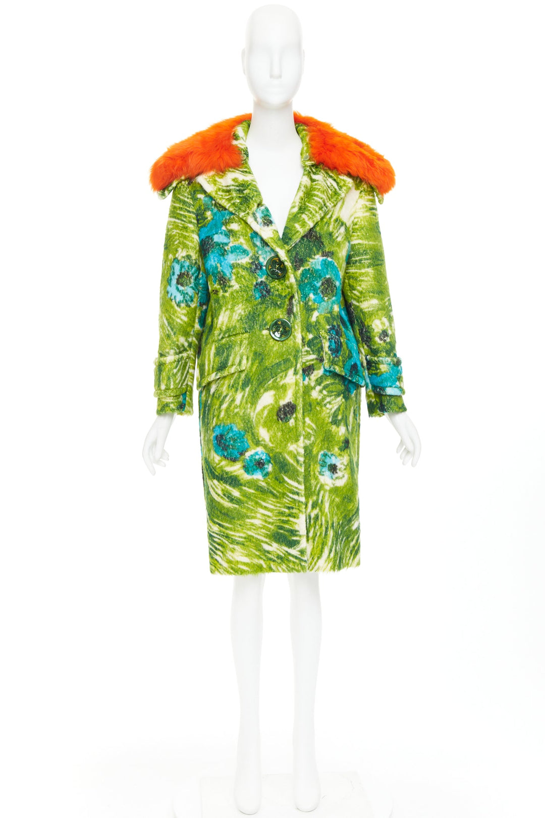 PRADA 2017 Runway alpaca wool felt green floral orange fur collar coat IT40 S