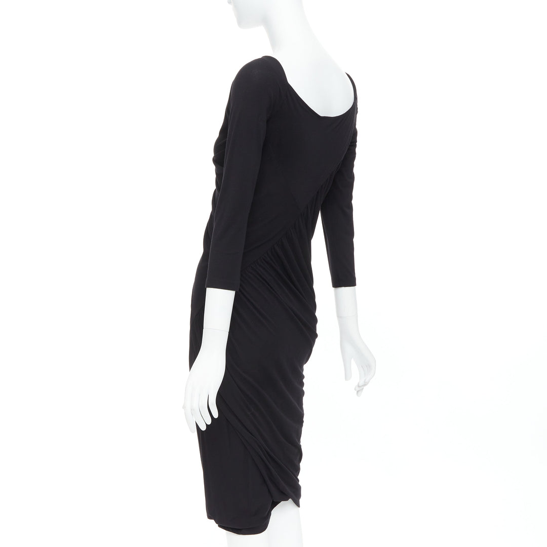 DONNA KARAN Vintage black drape front asymmetric cold shoulder dress L