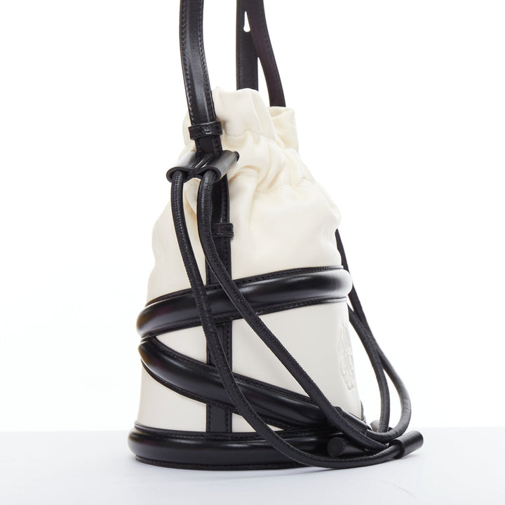 ALEXANDER MCQUEEN Soft Curve AM logo black white leather bucket bag