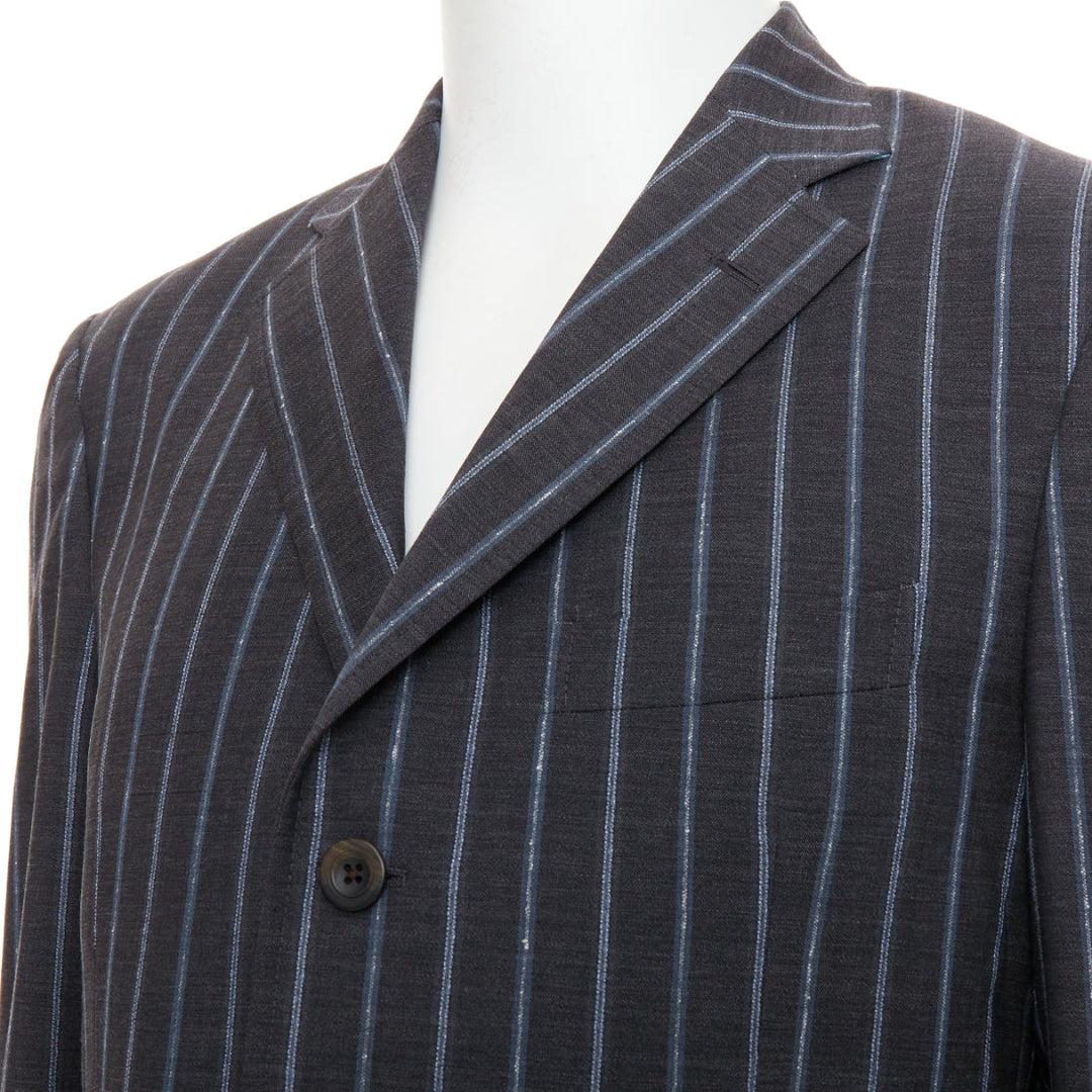 ETRO grey blue pinstripe 100% wool single breasted blazer jacket IT50 L
