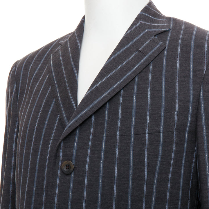 ETRO grey blue pinstripe 100% wool single breasted blazer jacket IT50 L
