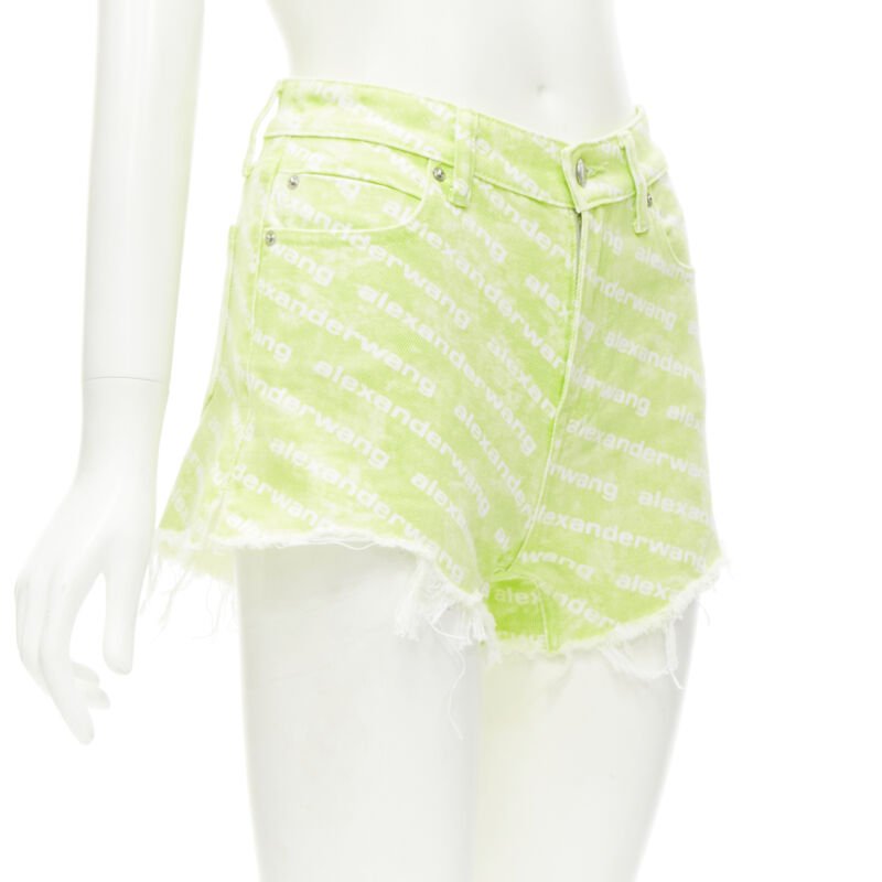 ALEXANDER WANG Bite High Rise green logo print cut off denim shorts 24"