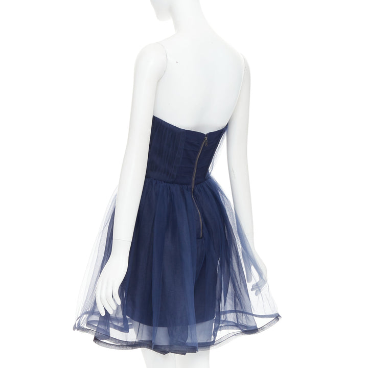ALICE OLIVIA Landi Gathered navy tulle sheer overlay silk trimmed babydoll dress