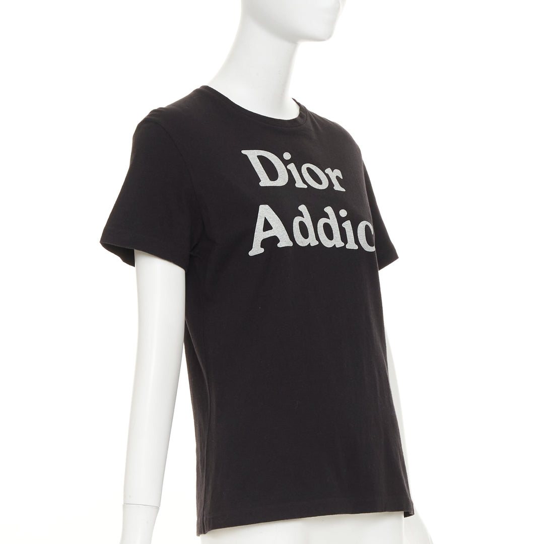 CHRISTIAN DIOR Addict black cotton linen speckle logo washed effect tshirt S