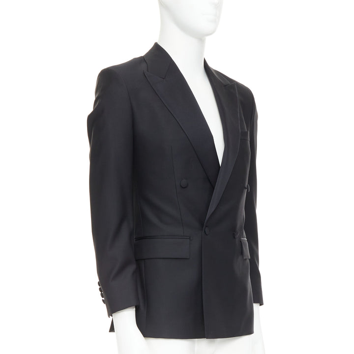 HAYWARD black wool mohair peak lapel double breasted tuxedo suit Sz36 XS