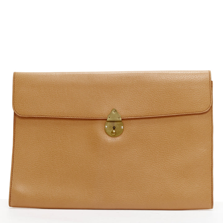 RALPH LAUREN tan textured leather gold logo push lock flap flat clutch bag