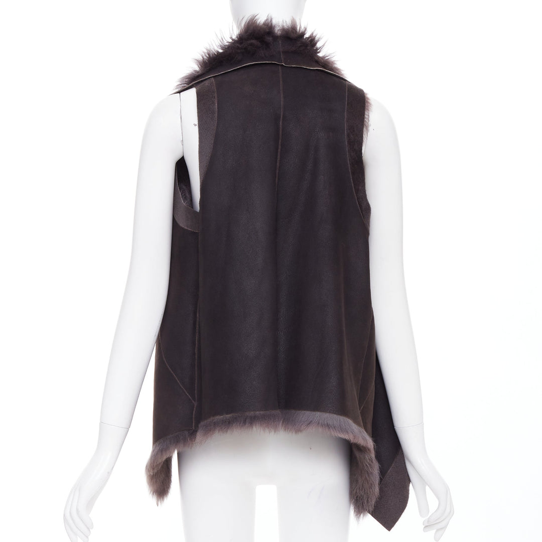 KARL DONOGHUE dark brown lambskin leather fur lined draped vest jacket XS