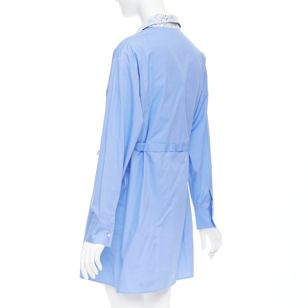 CHRISTIAN DIOR 2021 blue white lace plastron bib belted tunic shirt dress FR38 M