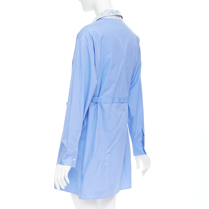 CHRISTIAN DIOR 2021 blue white lace plastron bib belted tunic shirt dress FR38 M