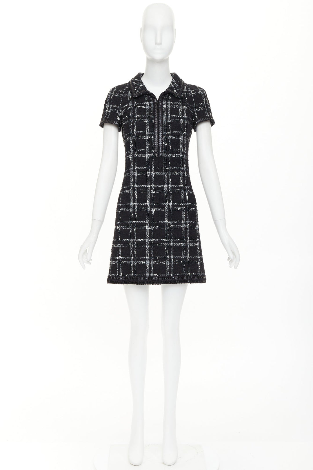 CHANEL 2007 black white check plaid bow collar fringe tweed dress FR36 S