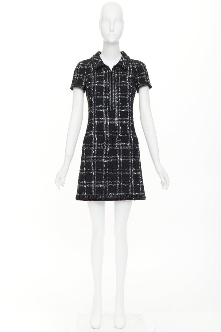 CHANEL 2007 black white check plaid bow collar fringe tweed dress FR36 S