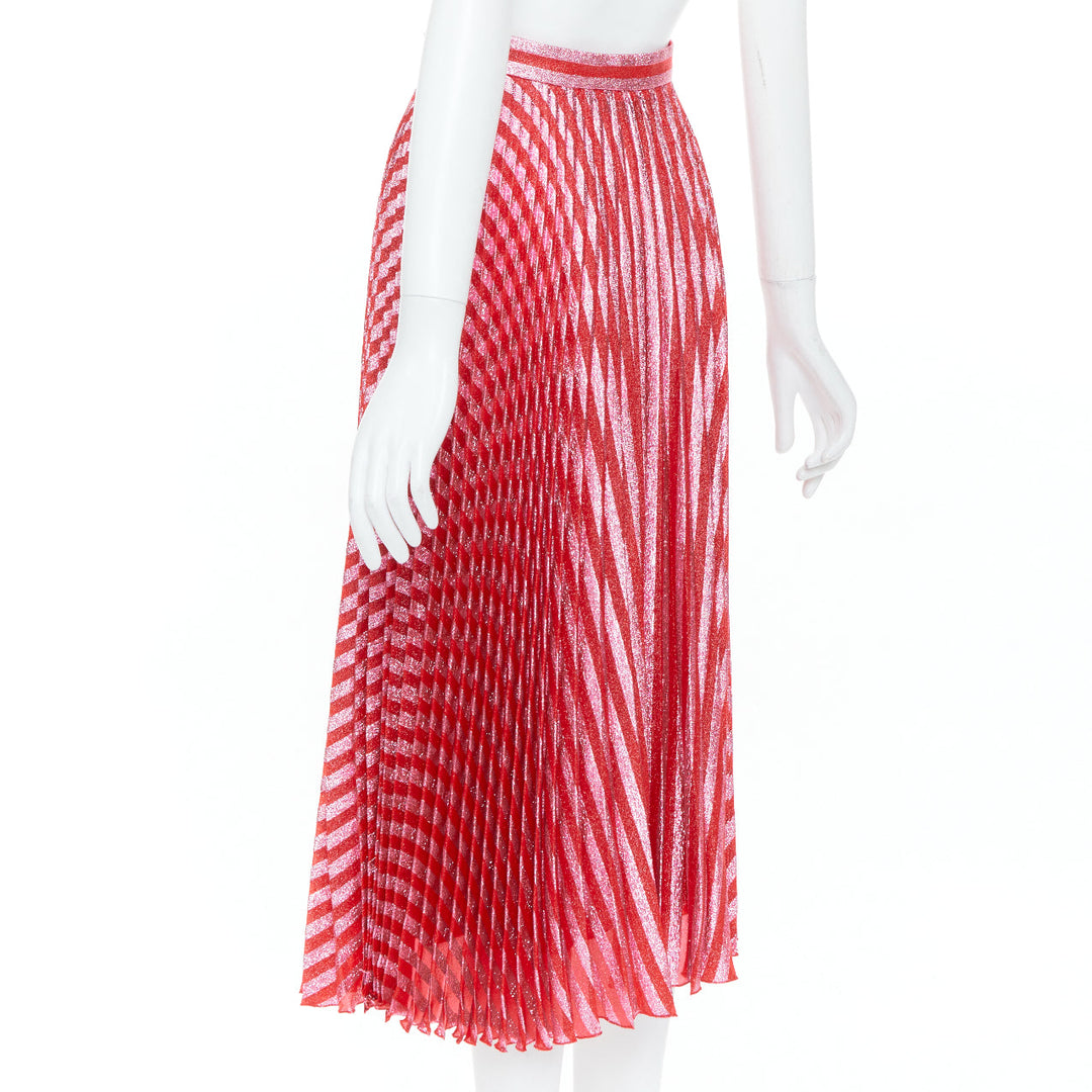 GUCCI 2015 Runway red pink chevron stripe lurex silk pleated midi skirt IT36 XXS