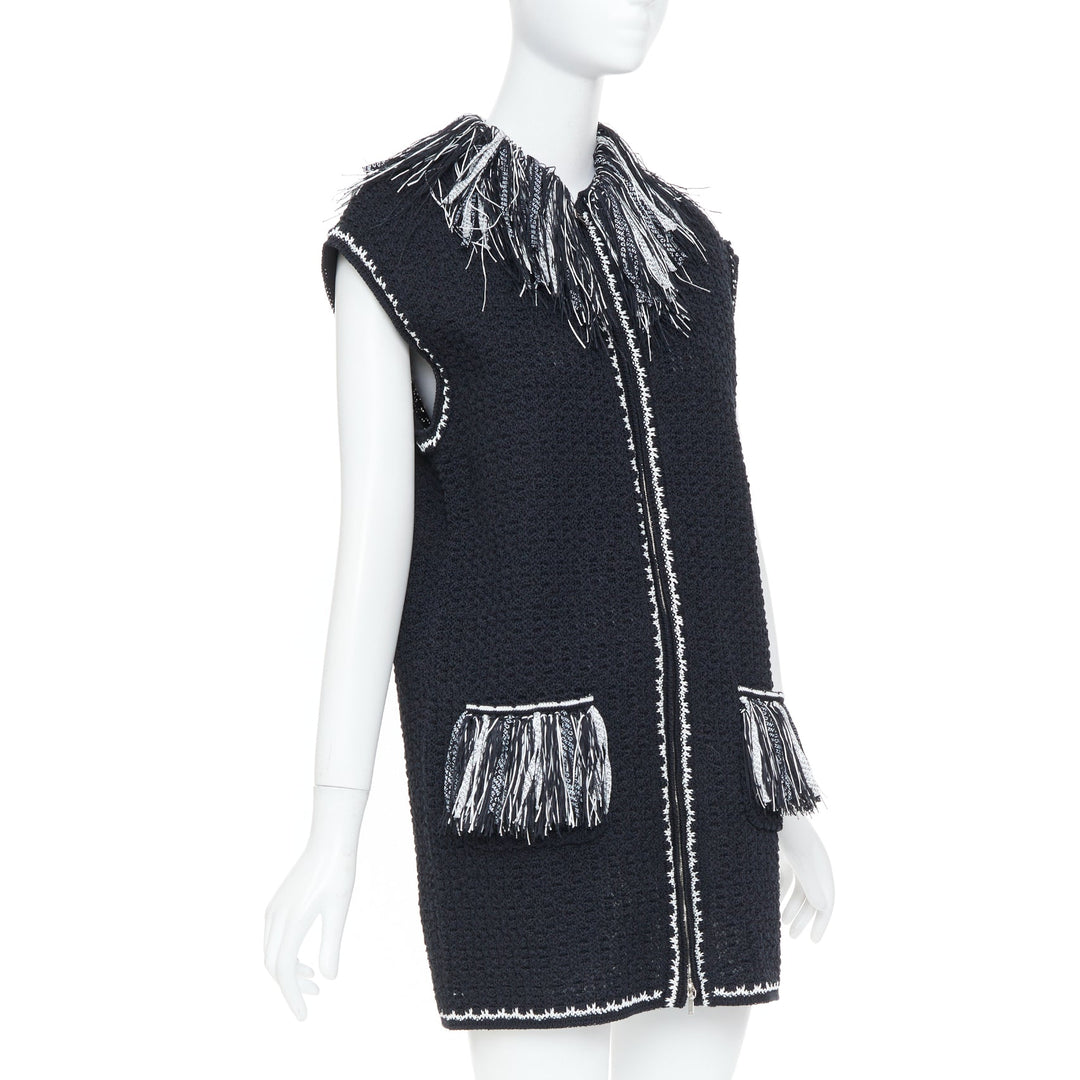 CHANEL 17P Runway ribbon trim fringe tweed sleeveless gilet vest jacket FR38 M