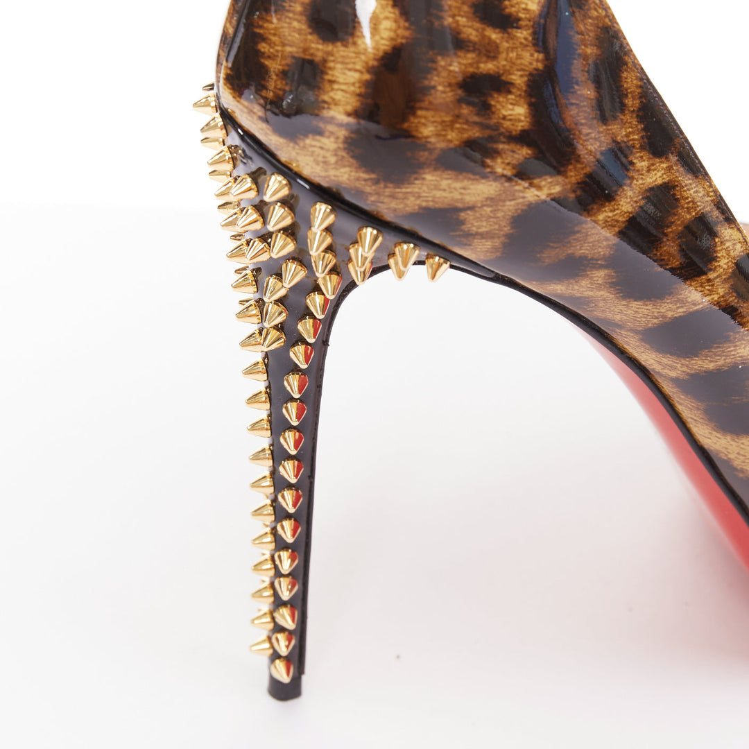 CHRISTIAN LOUBOUTIN Very Prive Spikes 120 brown leopard patent peep heels EU39