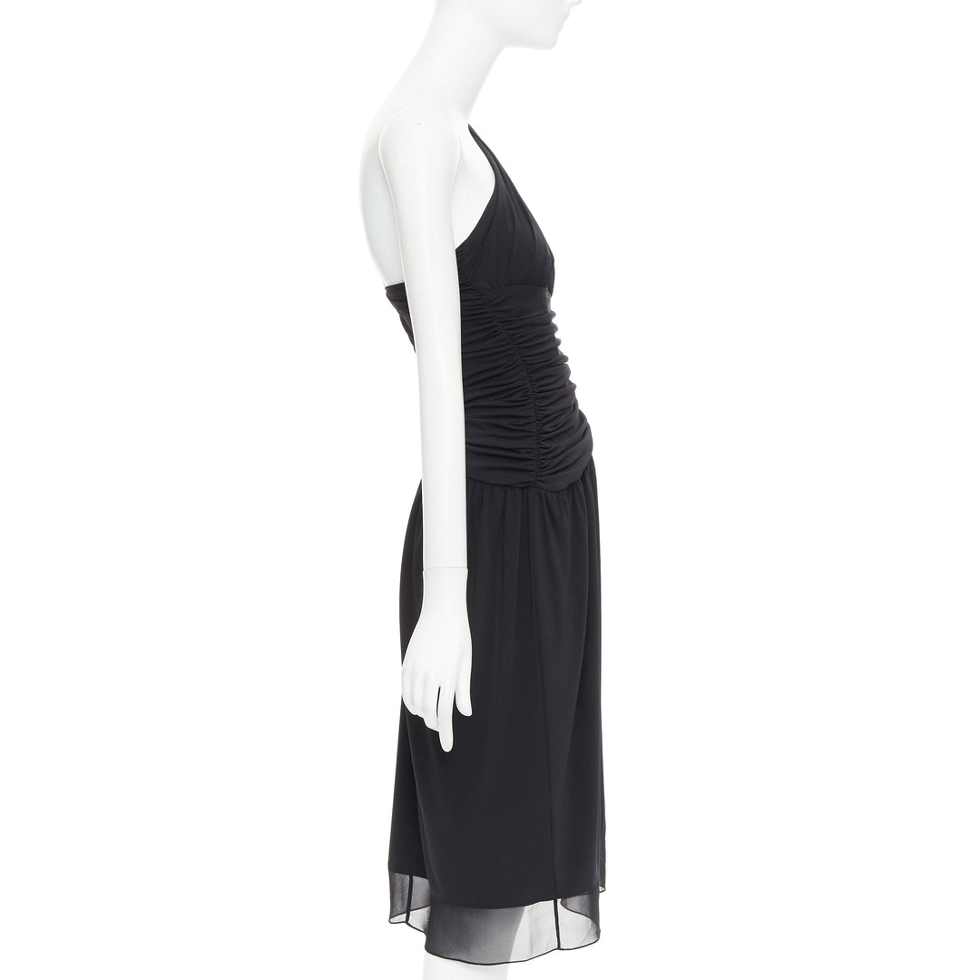 VERA WANG Vintage black one shoulder ruched waist silk lined dress US2 S