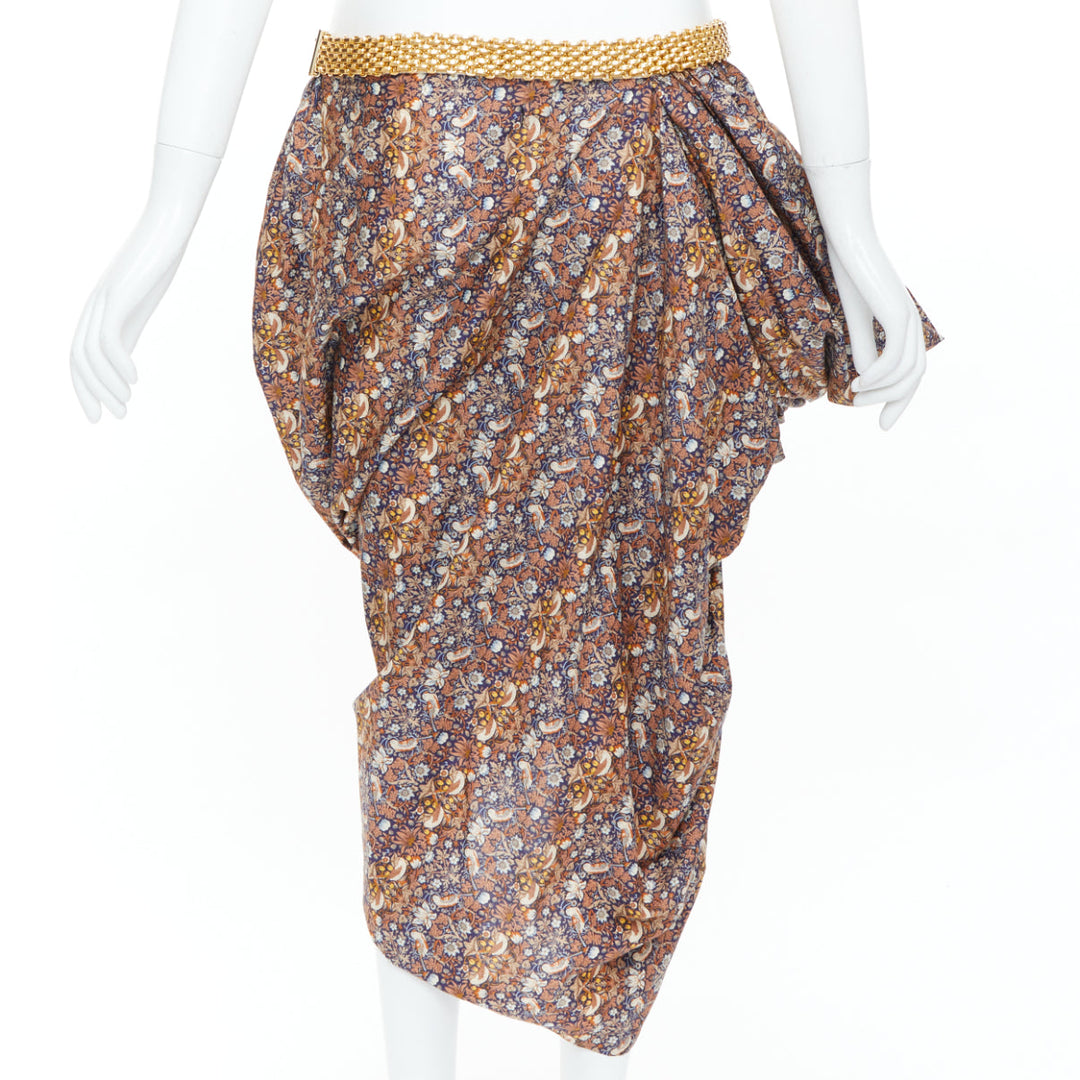 JUNYA WATANABE 2008 Runway brown navy floral gold chain draped skirt M