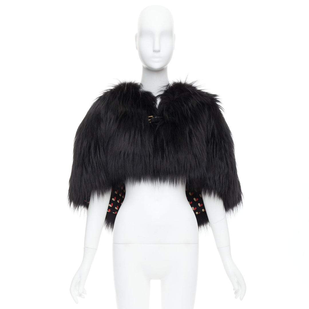 LOUIS VUITTON black fox fur leather belt heart lined cape shawl FR34 XS