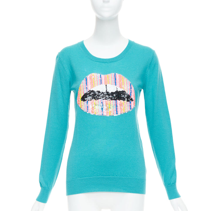 MARKUS LUPFER teal merino wool multicolor sequin lip sweater S