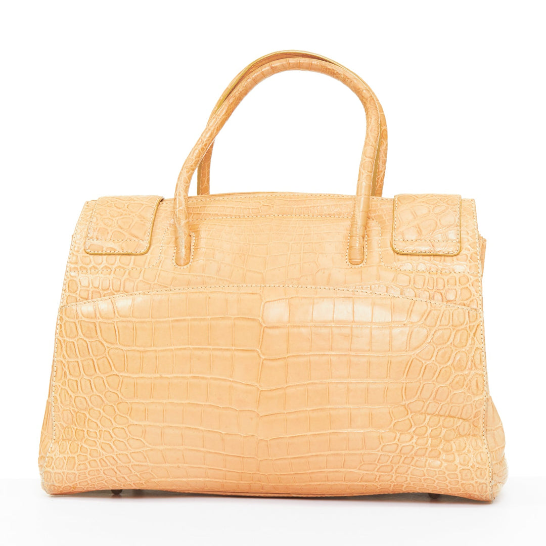 KWANPEN beige croc leather silver turnlock top handle executive tote bag