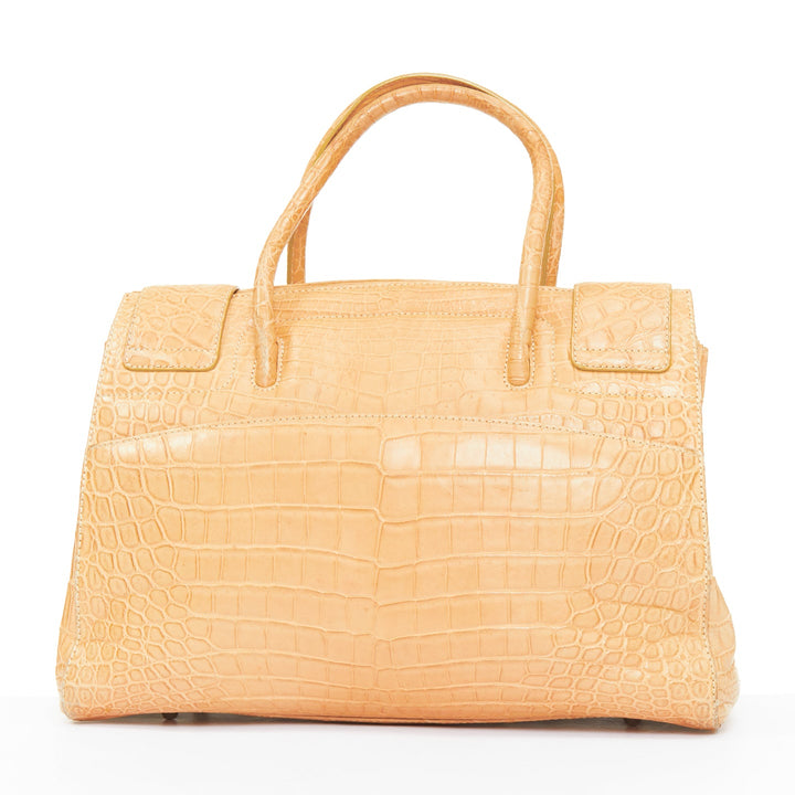 KWANPEN beige croc leather silver turnlock top handle executive tote bag