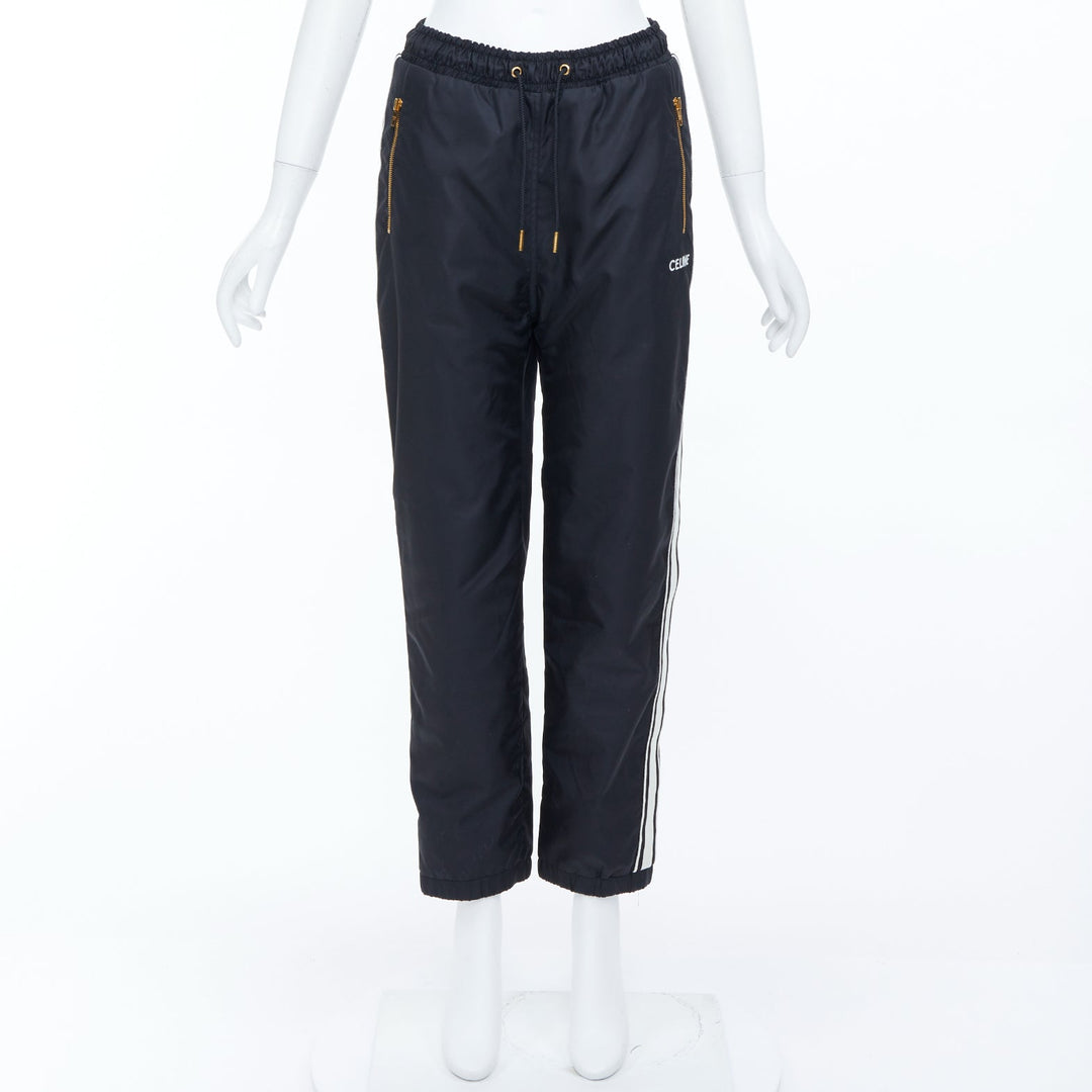 CELINE black nylon side stripe embroidered logo drawstring track pants FR36 S