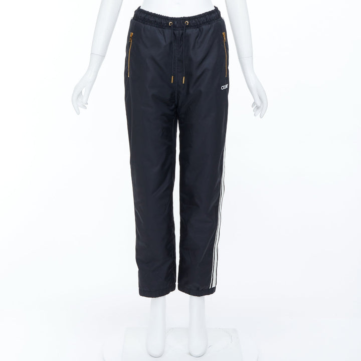 CELINE black nylon side stripe embroidered logo drawstring track pants FR36 S