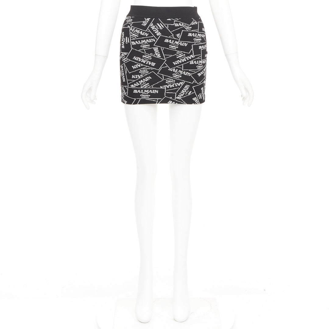 BALMAIN 2025 Label Jacquard Knit black white logo box intarsia skirt FR34 XS