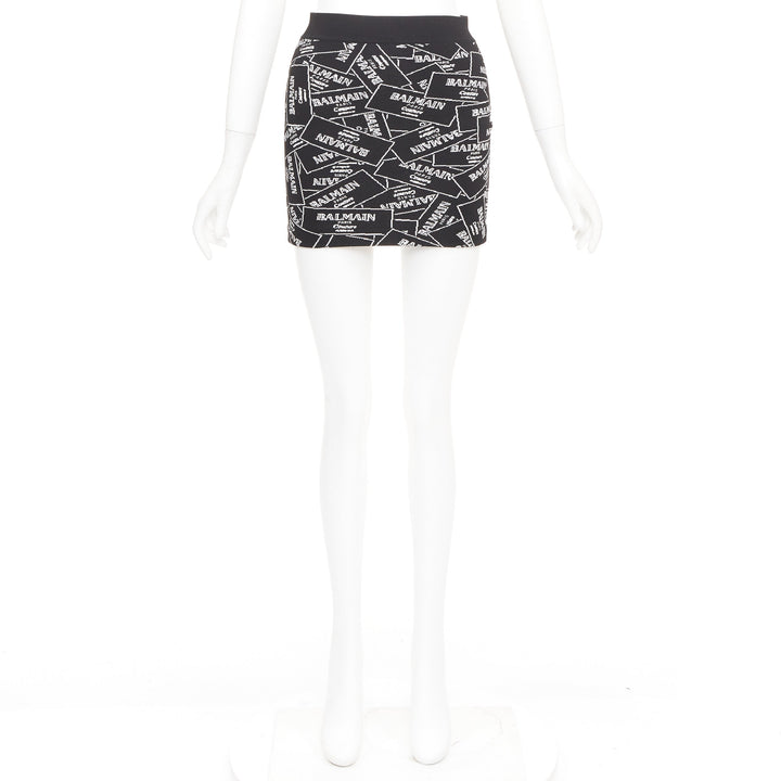BALMAIN 2025 Label Jacquard Knit black white logo box intarsia skirt FR34 XS
