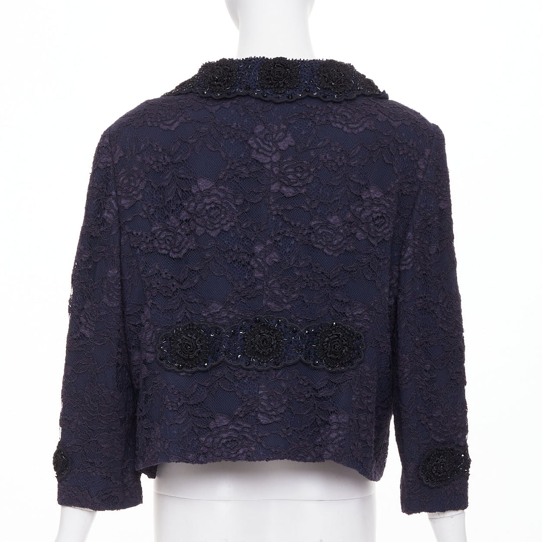 ESCADA Vintage navy lace floral bead embellished collar cropped jacket FR44 2XL