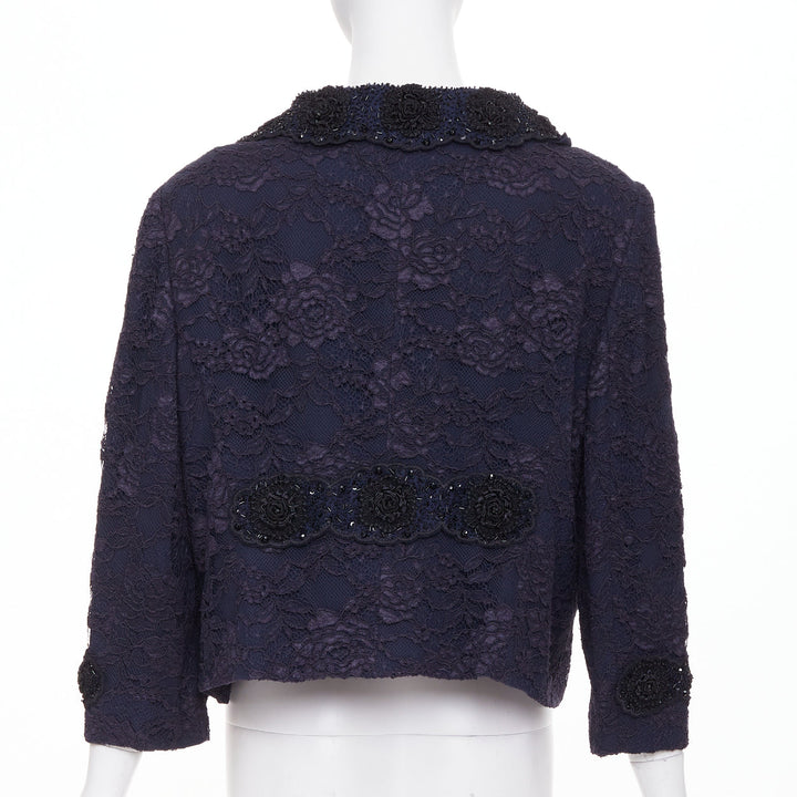 ESCADA Vintage navy lace floral bead embellished collar cropped jacket FR44 2XL