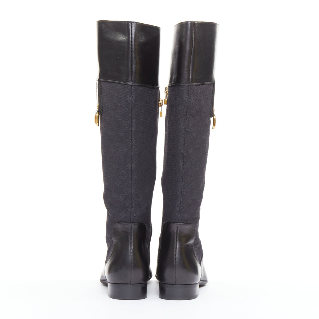 LOUIS VUITTON Mini Lin black monogram canvas saure toe riding boots EU37.5