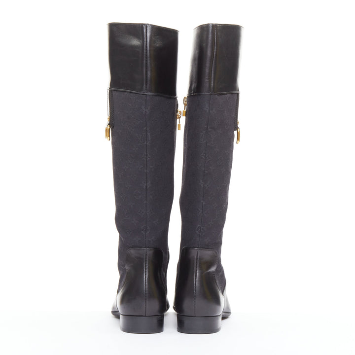 LOUIS VUITTON Mini Lin black monogram canvas saure toe riding boots EU37.5