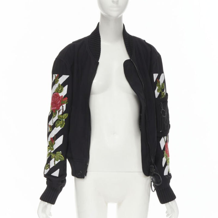 OFF WHITE C/O VIRGIL ABLOH black rose floral embroidery logo bomber jacket XS