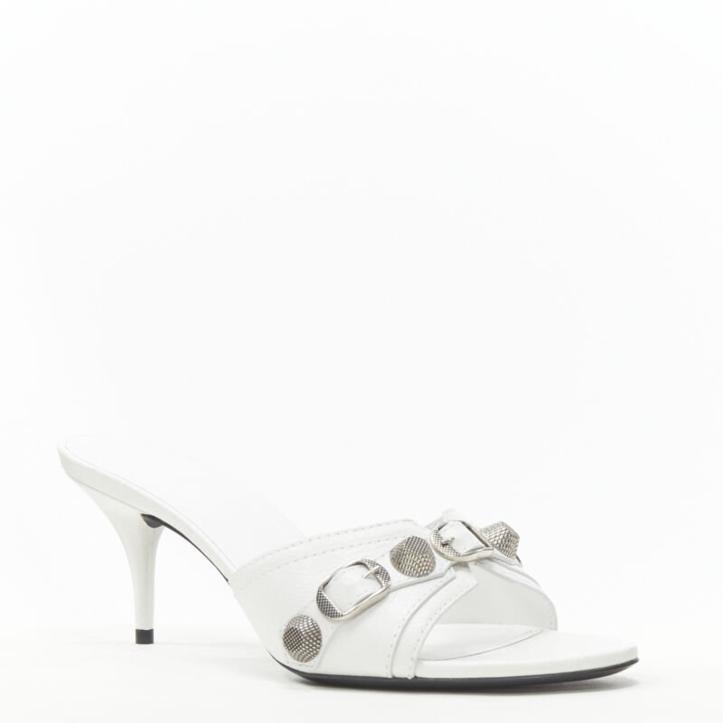 BALENCIAGA 2022 Cagole white leather silver studded mule heel EU39 US9