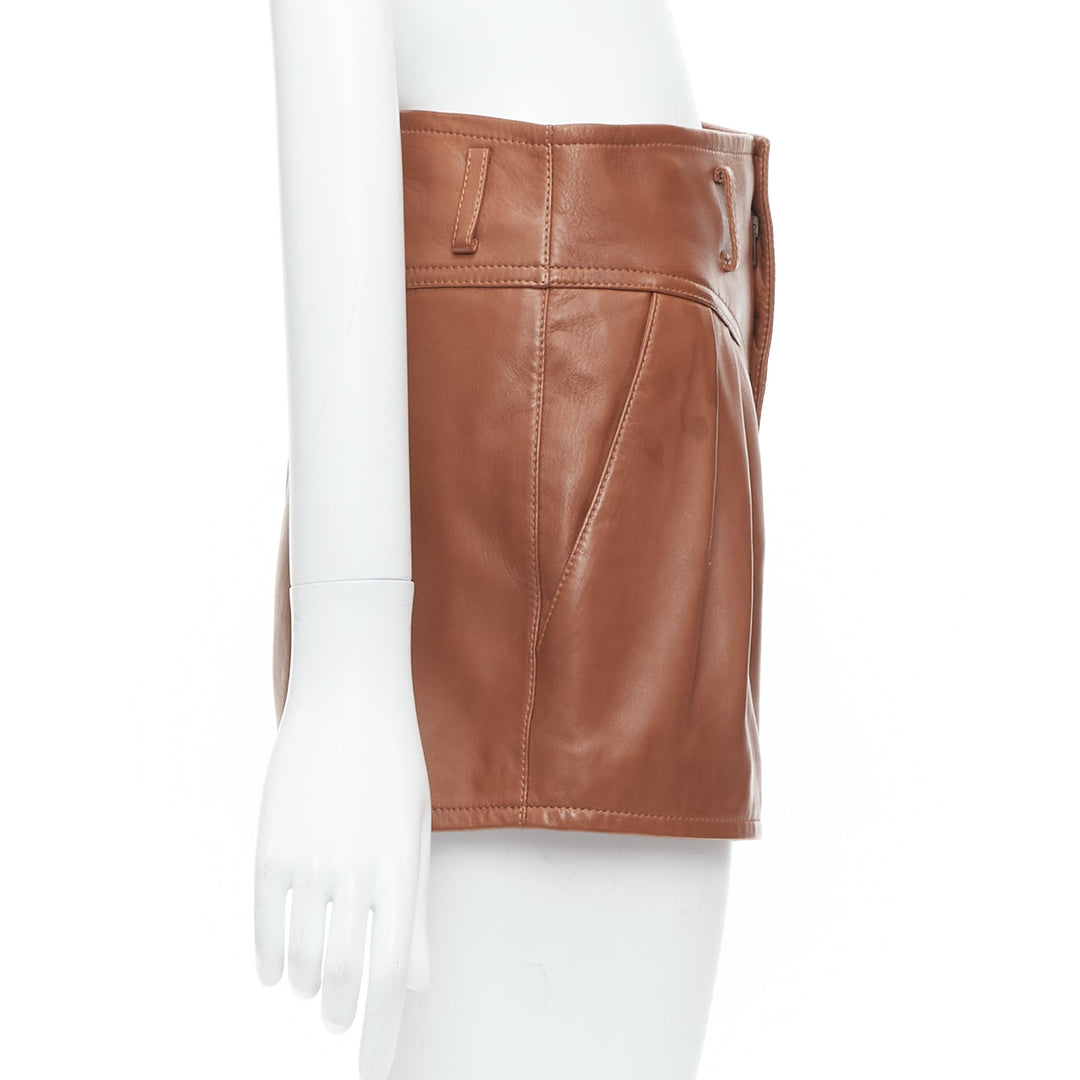 SAINT LAURENT 2020 brown lamb leather pleated riding shorts FR36 S