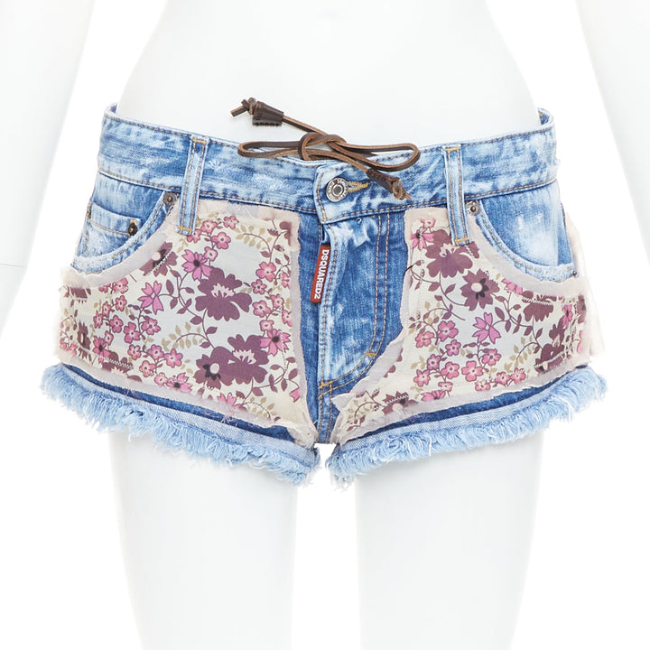 DSQUARED2 pink floral patch blue denim logo cut off mini shorts IT38 XS