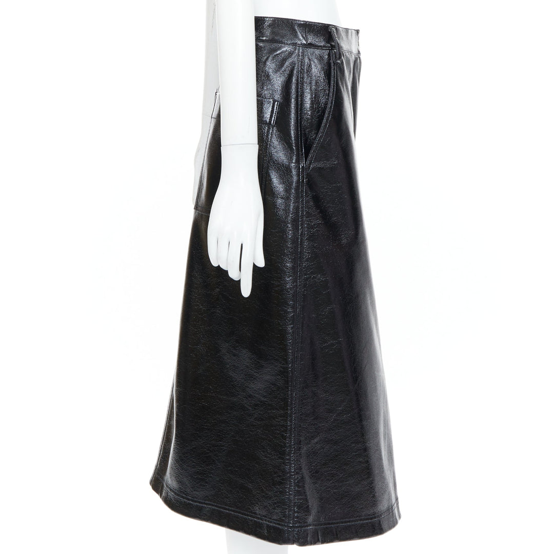 TIBI 2019 glossy black crinkled patent faux leather A-line midi skirt US0 XS