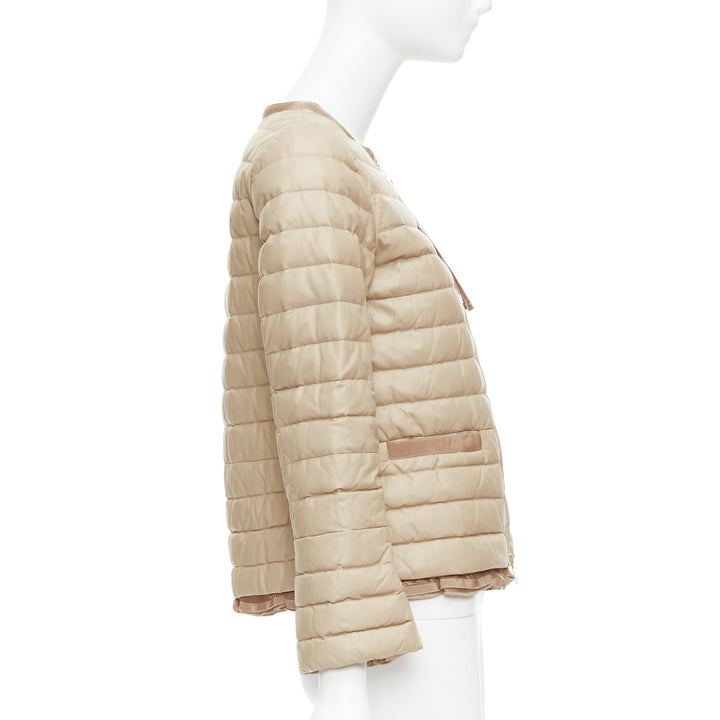 MONCLER beige lambskin leather goose down lightweight  padded puffer Sz1