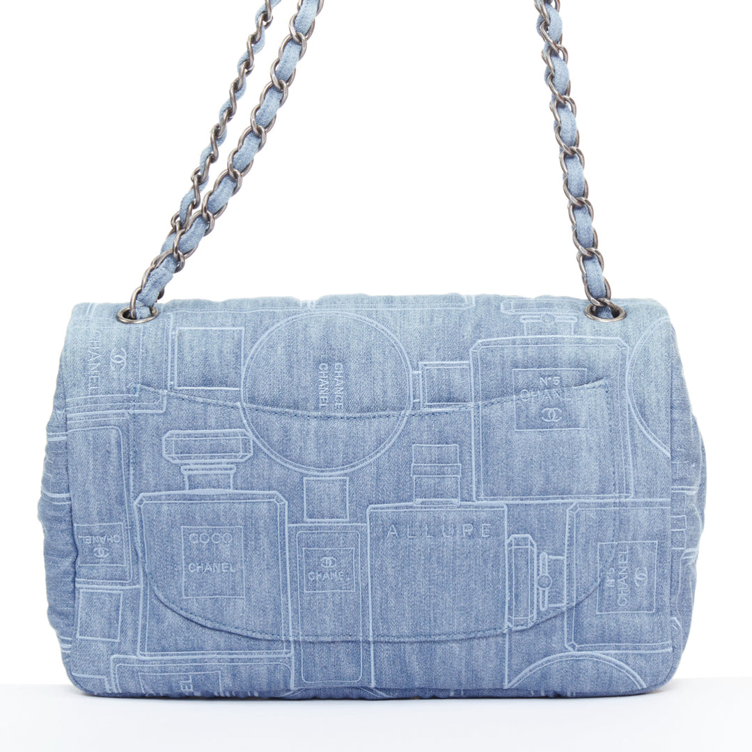 rare CHANEL 2016 Runway Perfume Bottle Embroidered Denim Jumbo Single Flap bag