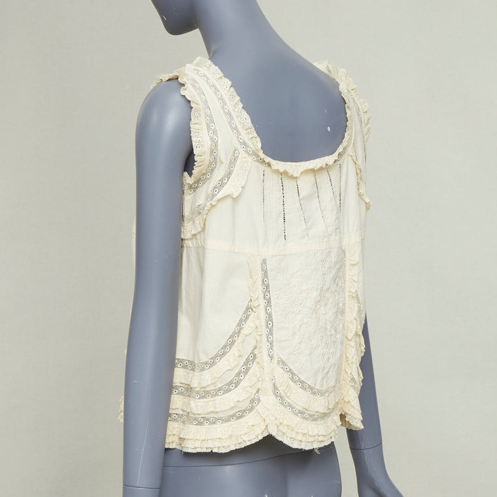 ANNA SUI Vintage cream embroidered floral eyelet lace ruffle peasant top US2 S