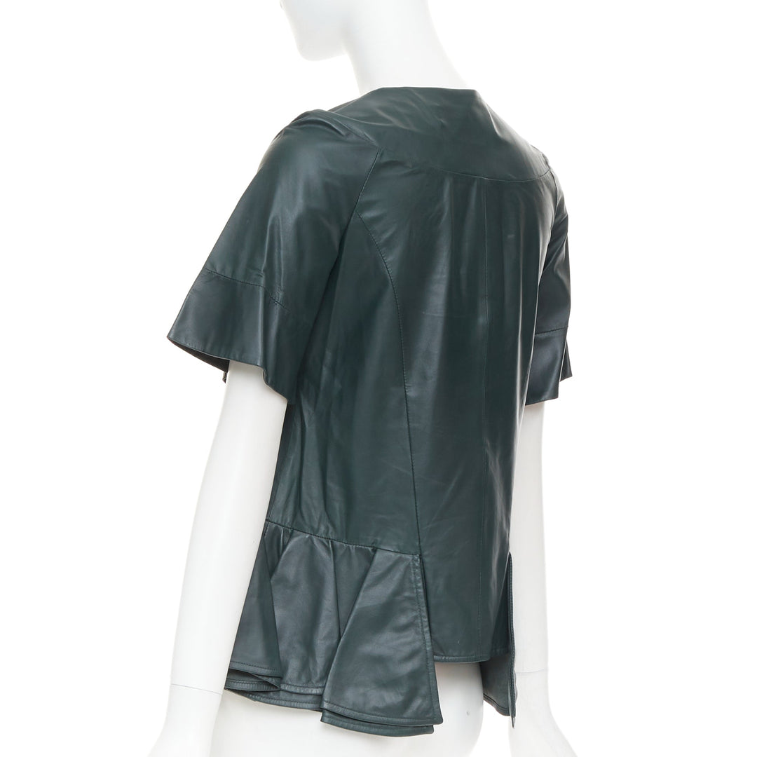 MARNI dark green nappa lamb leather panelled ruffled peplum jacket IT38 XS