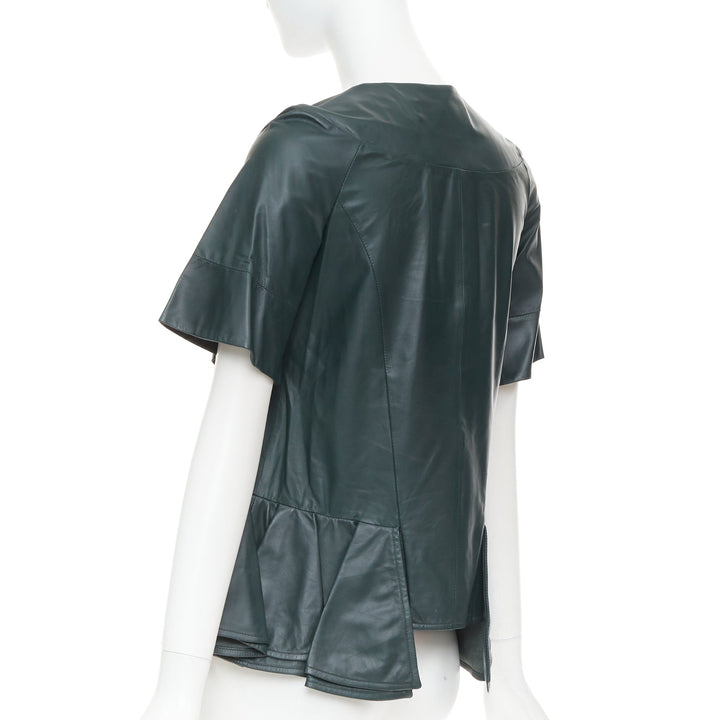MARNI dark green nappa lamb leather panelled ruffled peplum jacket IT38 XS