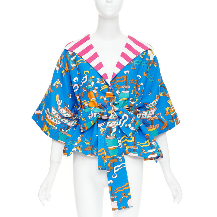 RIANNA + NINA Greek blue cotton cartoon print striped belted Kimono blouse M